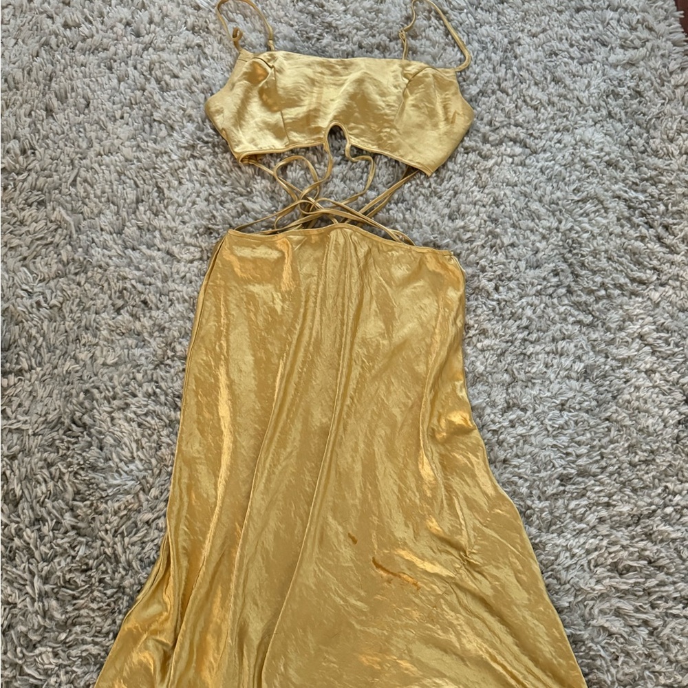 Gold satin cutout midi dress- size large
